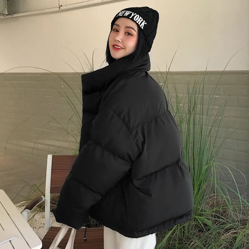 Korean Style 2021 Winter Jacket Parkas Women Stand Collar Solid Black White Female Down Coat Loose Oversized Womens Short Parka